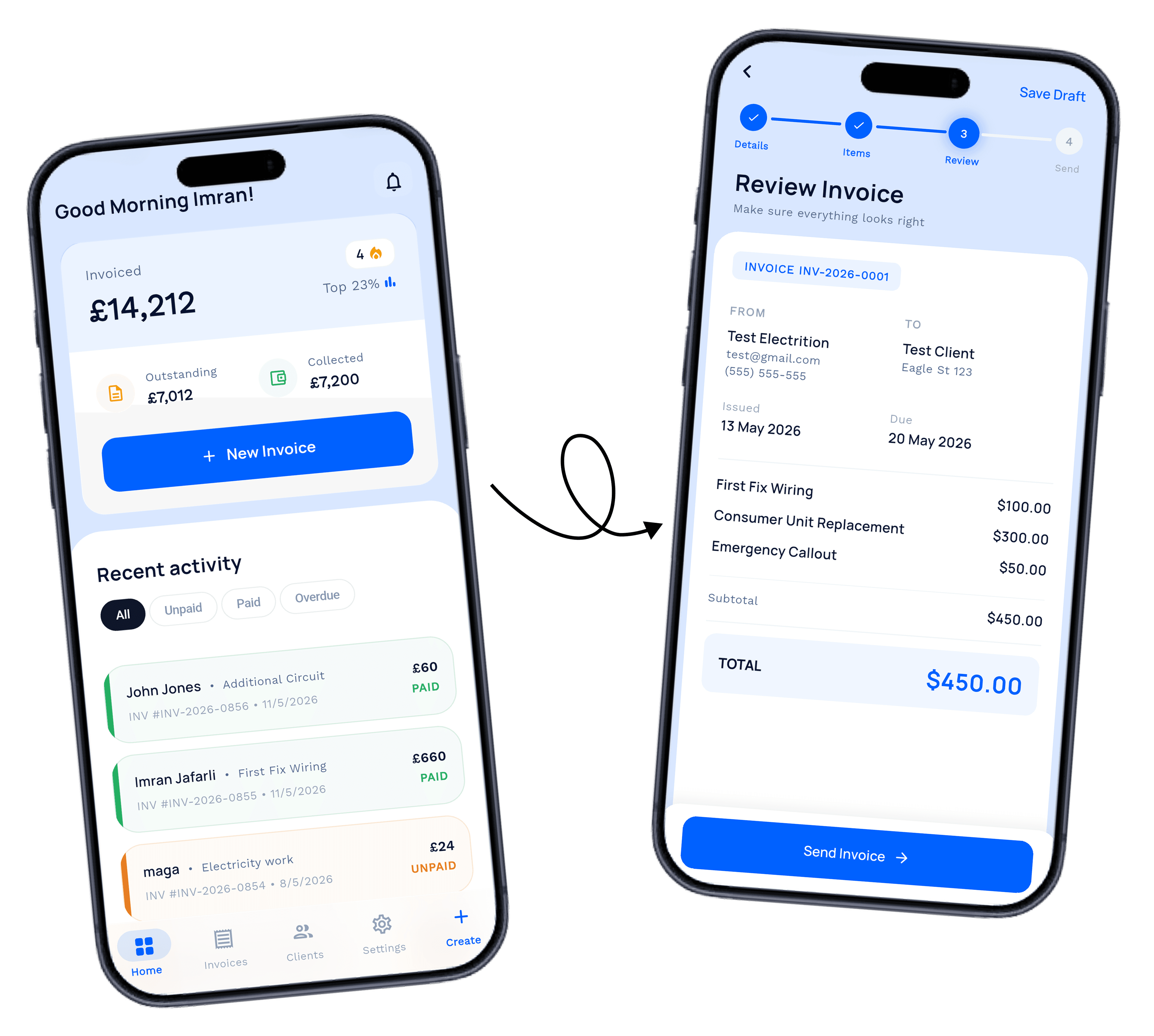 TradeInvoice Pro dashboard on iPhone