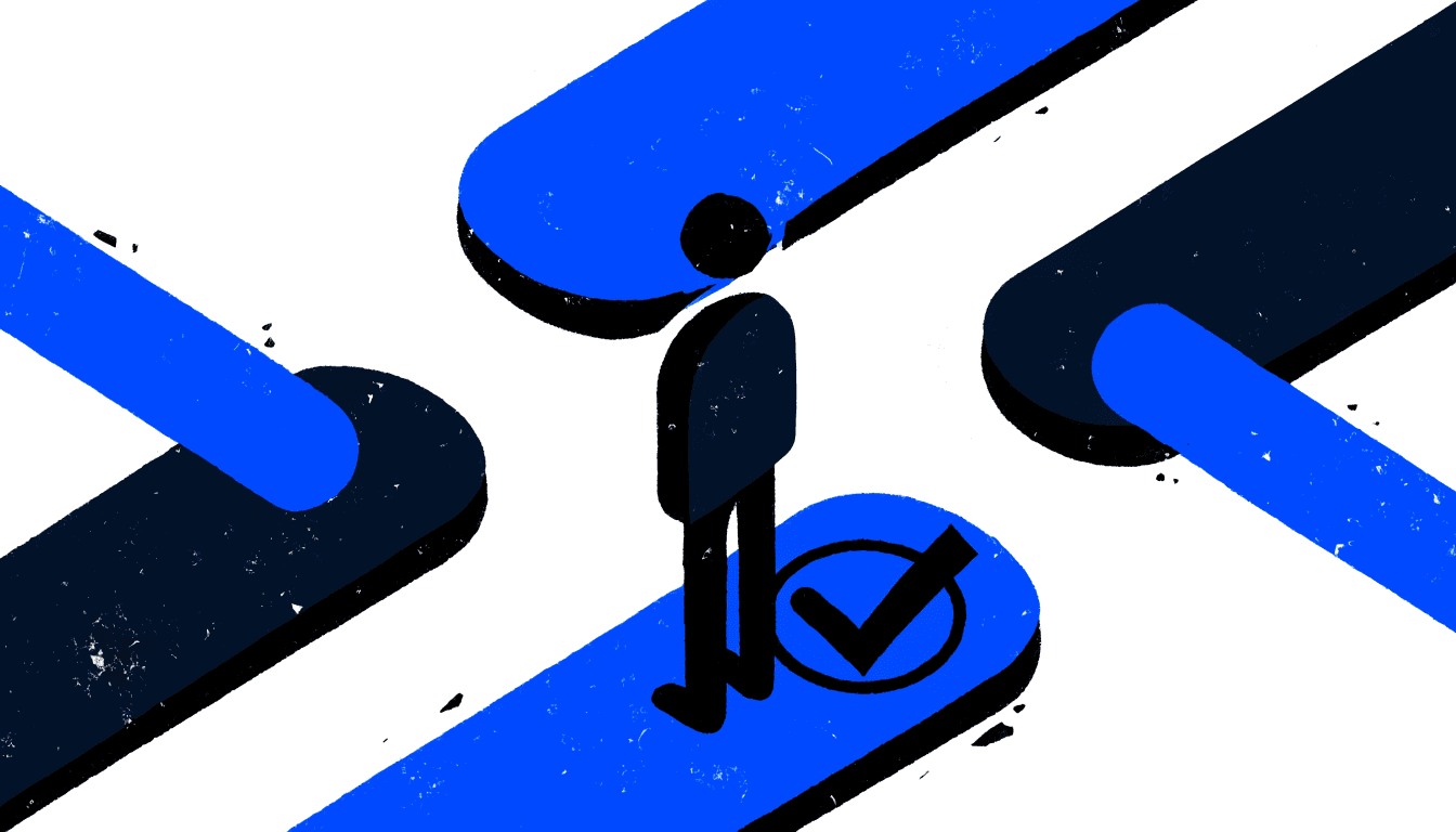 Illustration of a tradesman standing at a crossroads of phone shapes, one glowing blue with a check mark
