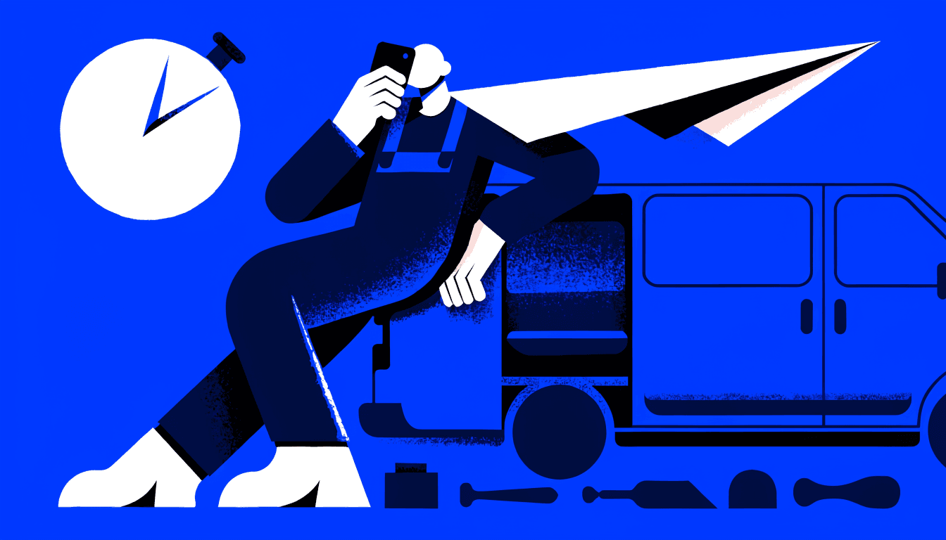 Illustration of a tradesman by his van sending an invoice from his phone, with a stopwatch overhead