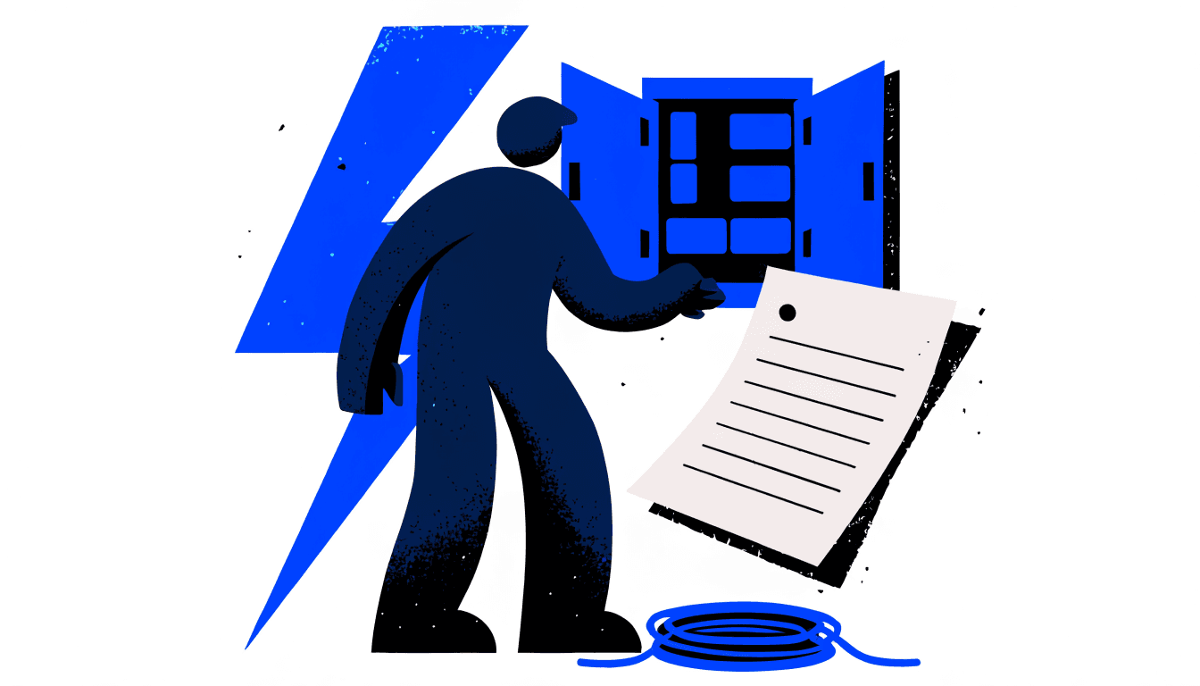 Illustration of an electrician at a consumer unit with an oversized invoice sheet and lightning bolt