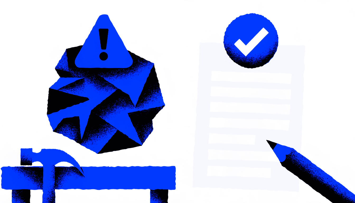 Illustration contrasting a crumpled invoice under a warning triangle with a clean approved invoice