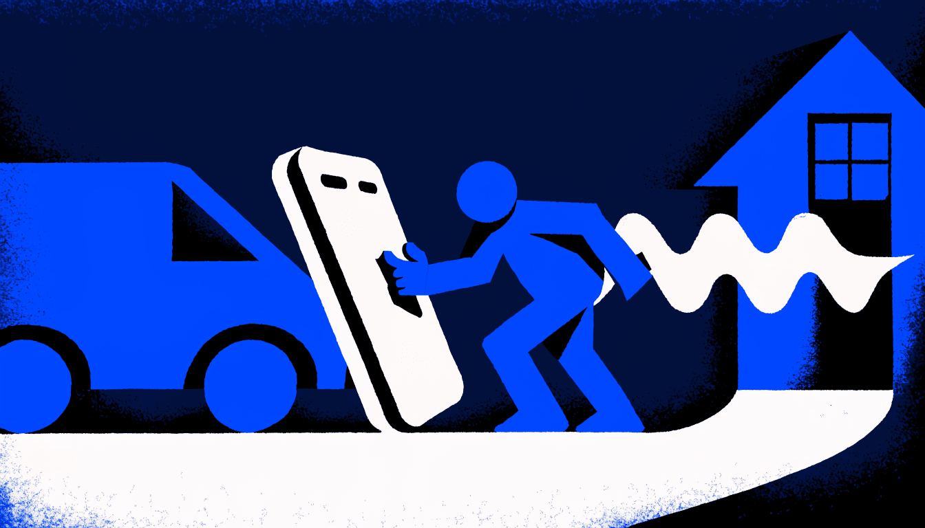 Illustration of a tradesman sending an invoice from a large phone outside a house at dusk