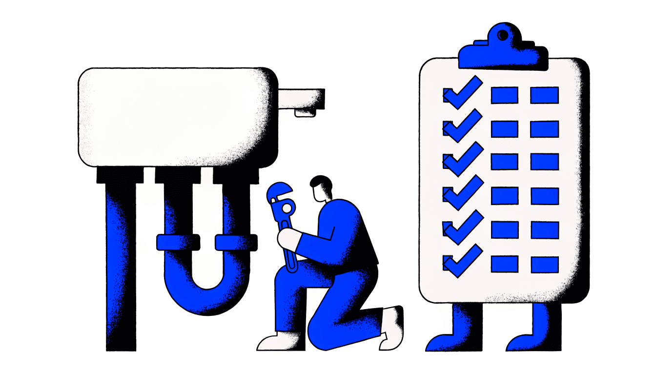 Illustration of a plumber working under a sink beside a giant ticked checklist clipboard