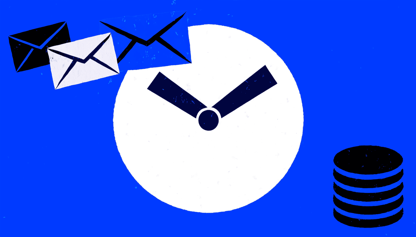 Illustration of a large clock face with reminder envelopes flying toward it and stacked coins