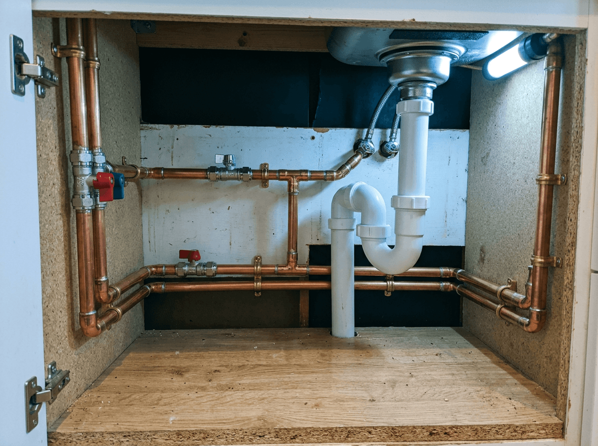 After photo of new copper pipework neatly installed under the sink, on the invoice