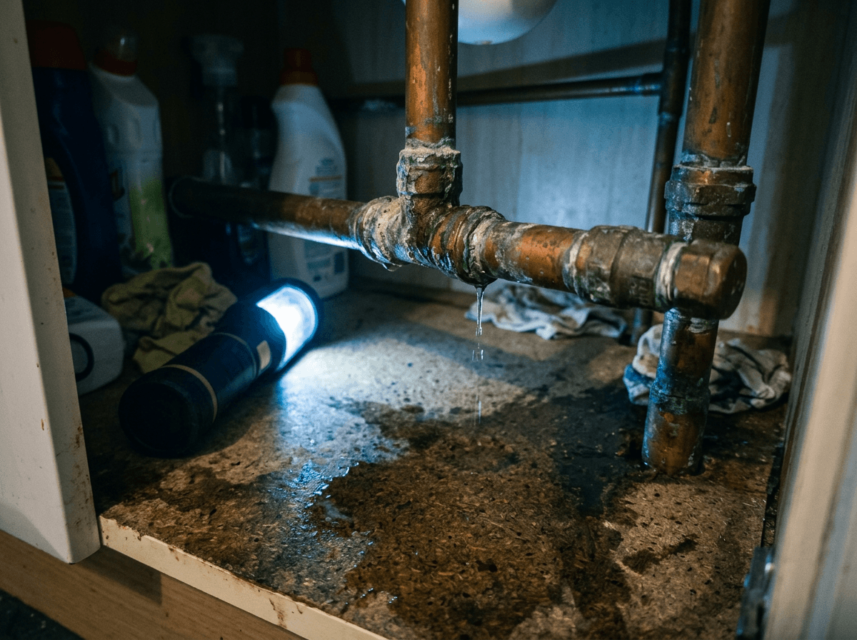 Before photo of a leaking corroded pipe under a kitchen sink, attached to a job