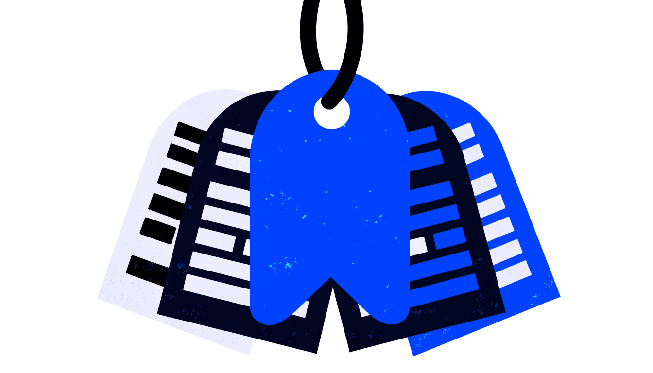 Illustration of a price tag hanging in front of a fan of invoice sheets