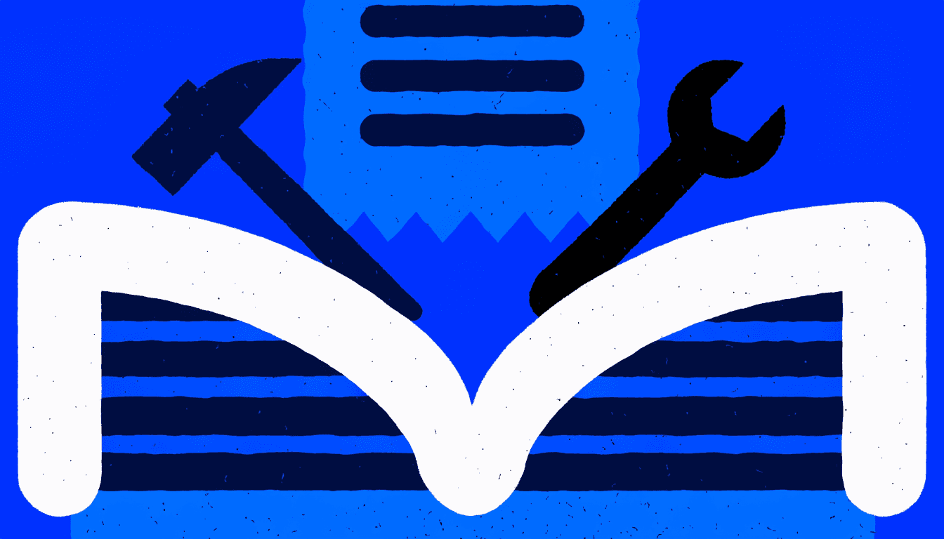 Illustration of an open book with an invoice sheet rising from it, tools at the base