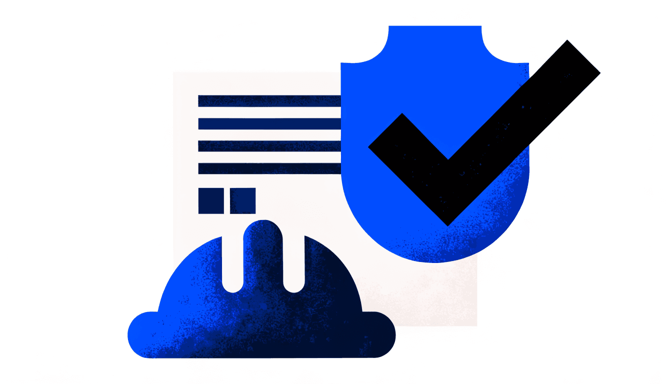 Illustration of an invoice sheet with a shield and check mark, a hard hat resting at the base