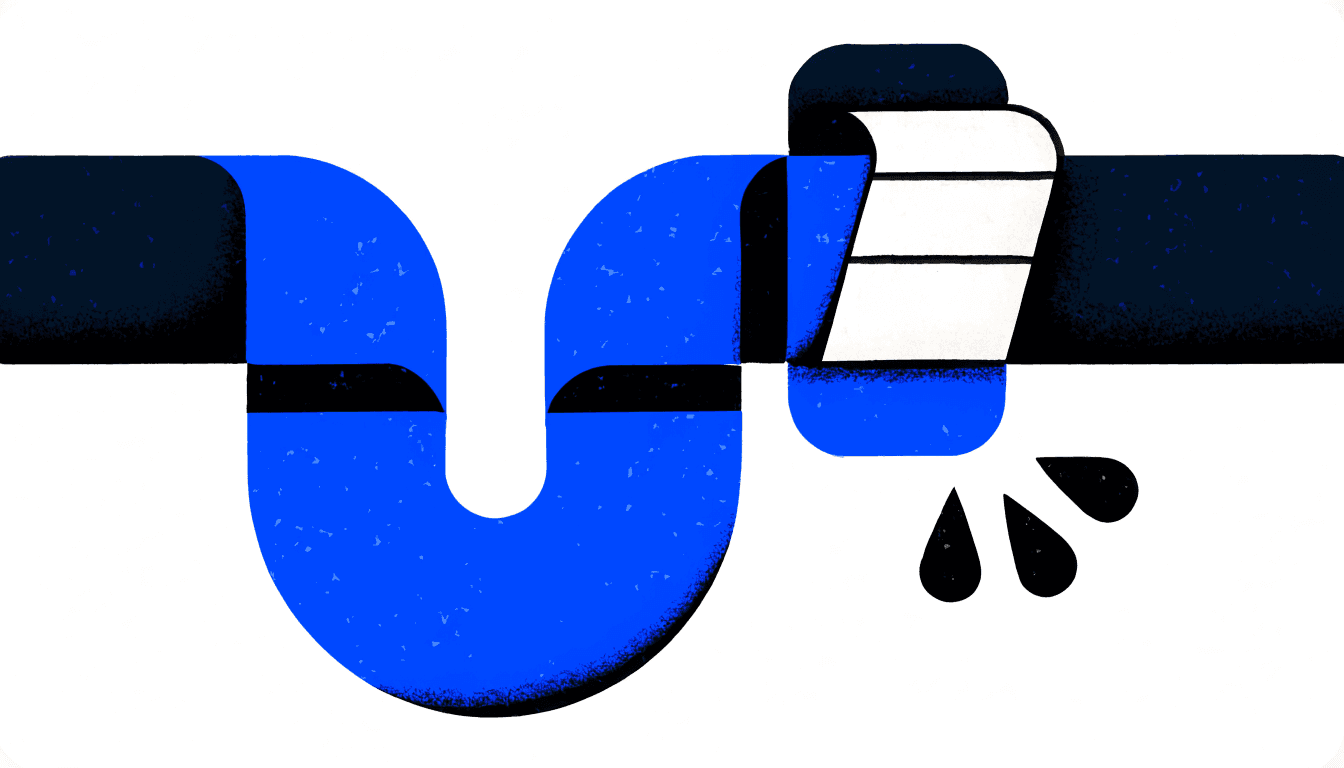Illustration of a pipe with a U-bend and an invoice sheet wedged where a joint would be