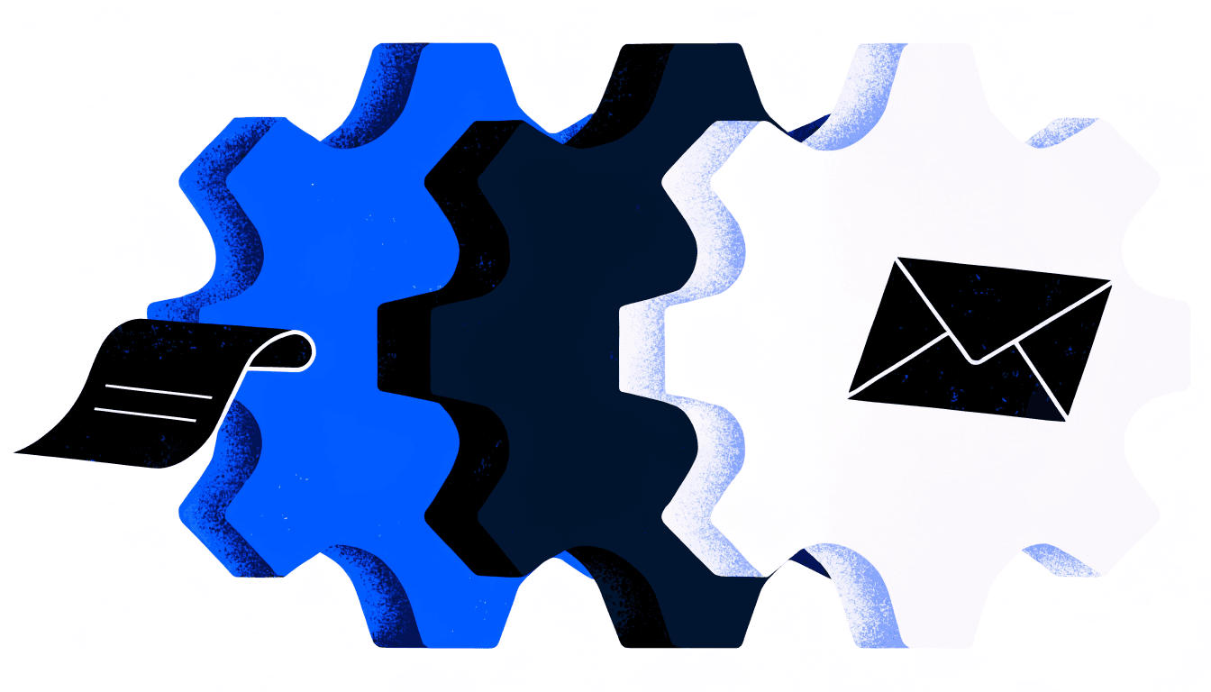Illustration of three interlocking gears with an invoice sheet feeding in and an envelope flying out