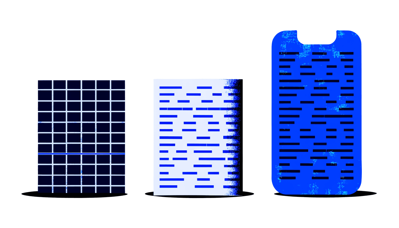 Illustration of a spreadsheet grid, a paper document and a smartphone standing side by side