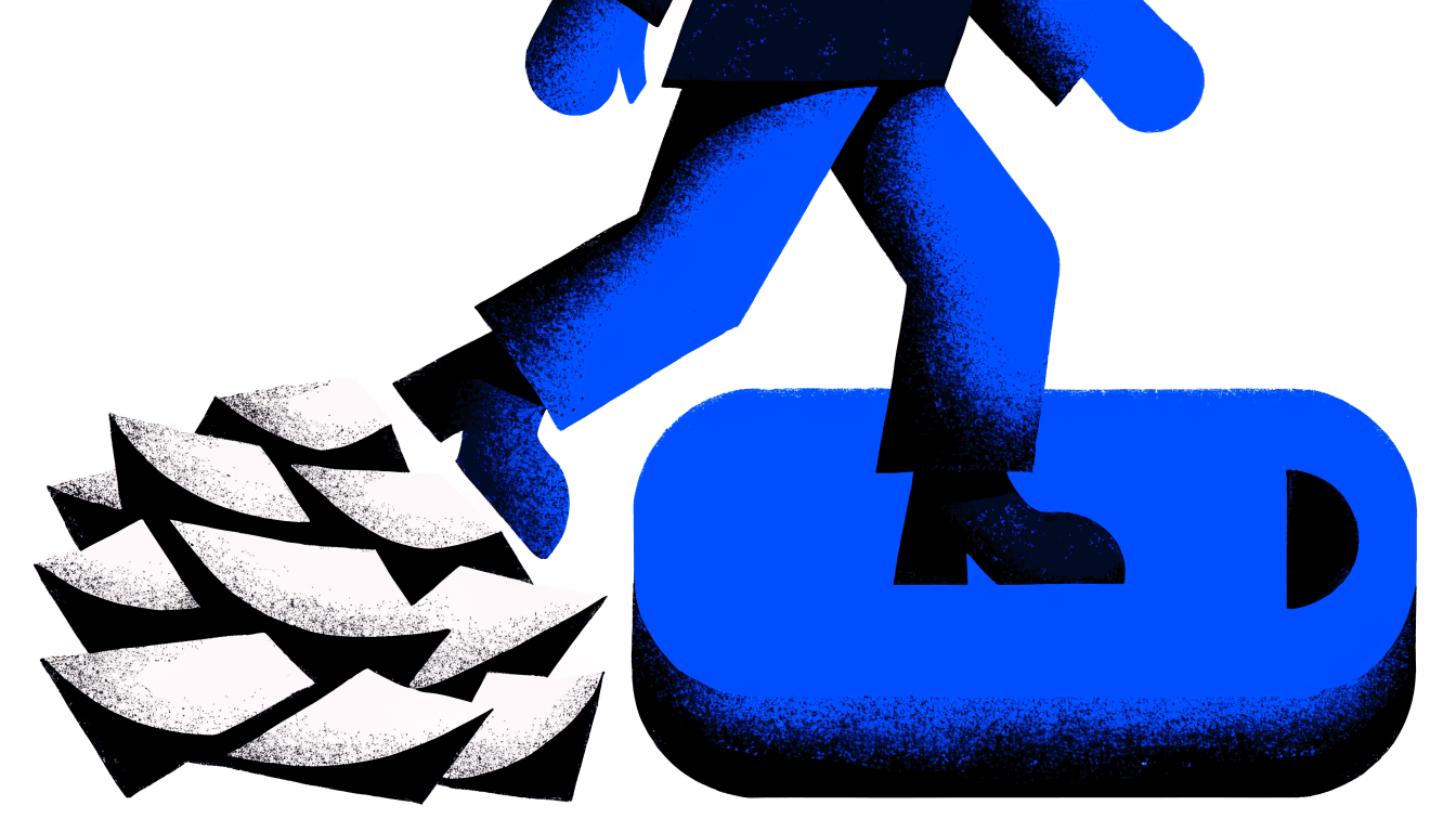 Illustration of a tradesman stepping from a pile of crumpled paper onto a large phone platform